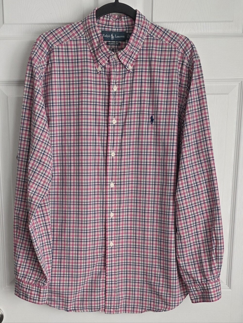 Ralph Lauren Men’s XL Plaid Button Down Shirt Classic Fit Pink Navy